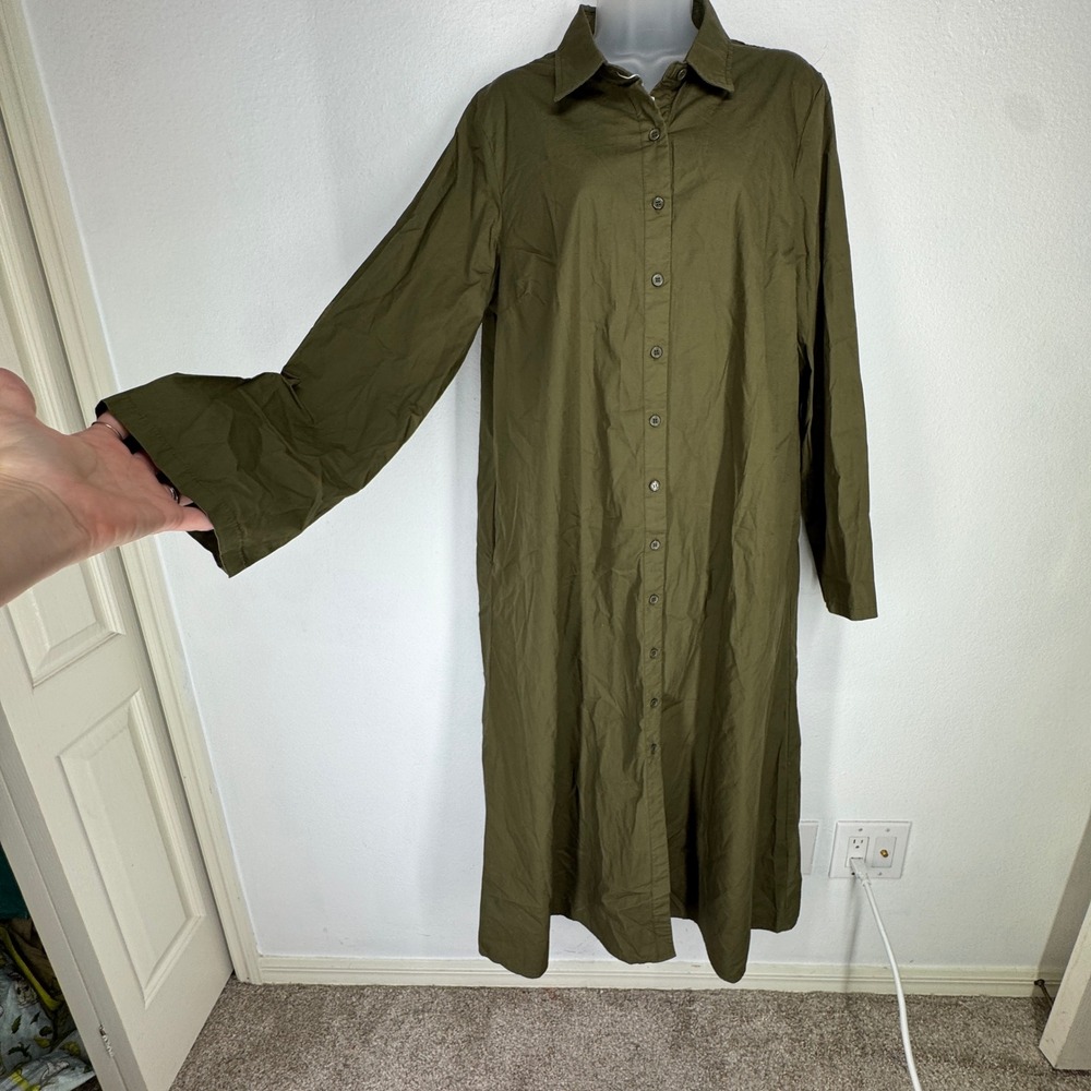 ChouYatou Womens Olive Green Cotton Maxi Shirt Dress Long Sleeve Button NEW L